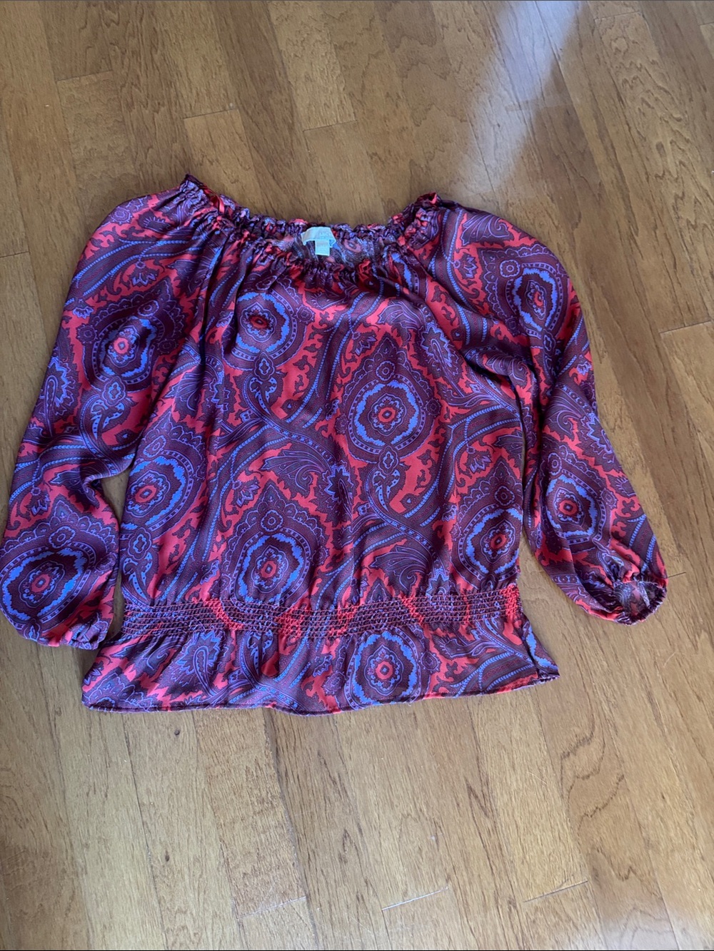Michael Kors Red Orange and Purple Paisley Off-Shoulder Top